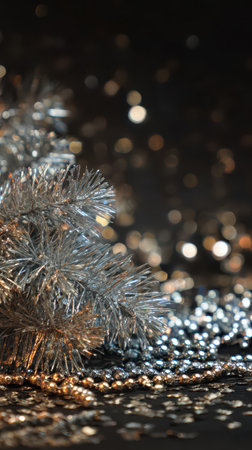 A close up of shimmering silver decorations with sparkling lights creating a festive atmosphere perfect for welcoming the New Year.の素材