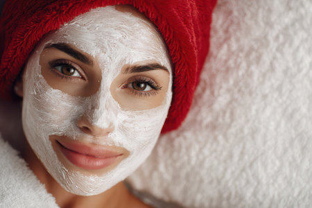 A beautiful woman relaxes at home during New Year enjoying a facial mask. She wears a red towel and smiles softly embodying self care and joy.の素材