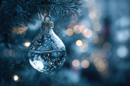 A delicate glass ornament hangs from a pine tree showcasing shimmering water inside. Soft lights create a magical winter atmosphere.の素材