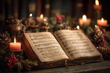 A book of Christmas carols rests on a table with candles and decorations setting a warm joyful mood for New Year celebrations.の素材