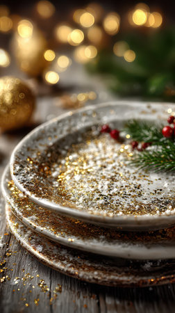 Glittering plates await delicious dishes adorned with festive decorations. Golden lights twinkle in the background creating a warm atmosphere.の素材