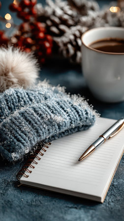 A soft blue knit hat rests beside a blank notebook and pen on a winter table with a warm cup of coffee in the background. Perfect for reflection.の素材