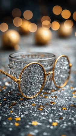 Festive decorations with golden stars and sparkling glasses invite excitement for New Year celebrations.の素材