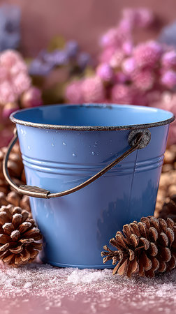 A charming blue bucket rests on a snowy surface adorned with pine cones and colorful flowers creating a festive New Year atmosphere.の素材