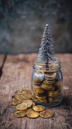 A small evergreen tree sits atop a jar filled with golden coins symbolizing prosperity during New Year festivities on a rustic wooden table.の素材