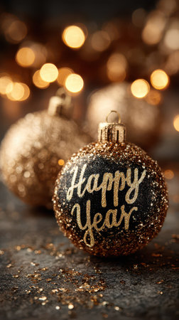 Sparkling golden ornaments with Happy Year text create a festive atmosphere for New Year celebrations. Twinkling lights add warmth and joy.の素材