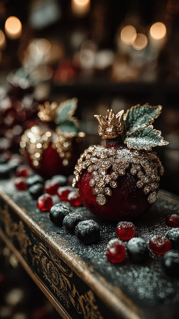 Beautiful red ornaments adorned with gold accents sit on a festive table surrounded by colorful berries and sweets.の素材
