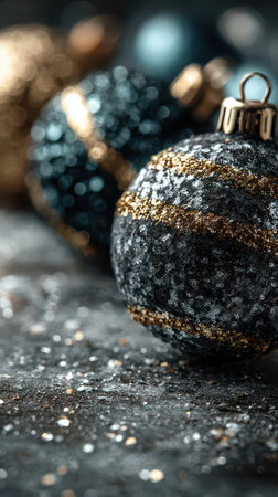 Beautifully arranged glossy ornaments in black and gold shimmer on a festive table creating a heartwarming atmosphere for New Years joy.の素材