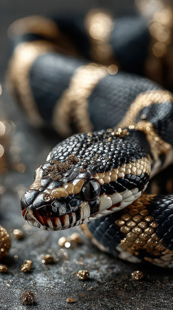 A striking black and gold snake coils gracefully surrounded by festive sparkling decorations capturing the essence of New Year celebrations.の素材