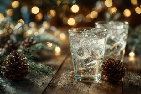 Glasses of chilled water with ice rest on a rustic wooden table adorned with pine cones and twinkling lights creating a festive New Year ambiance.の素材