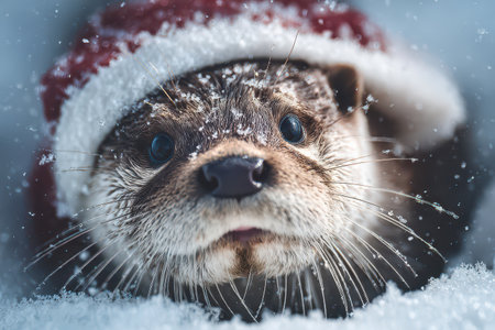 An otter peeks out from fresh snow while wearing a festive Santa hat. This adorable scene captures the joy of winter festivities.の素材
