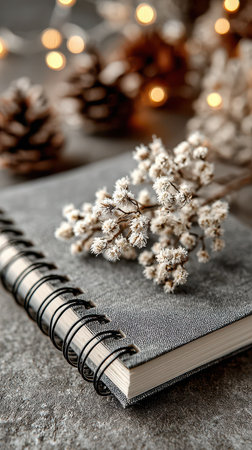 Soft textures and warm lights create a serene New Year atmosphere. A cozy notebook is adorned with delicate winter blooms perfect for reflections.の素材