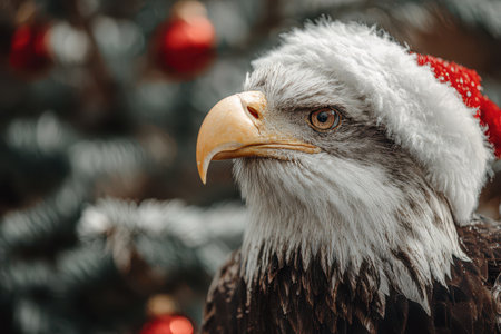 A majestic eagle wearing a festive Santa hat stands proudly near a decorated Christmas tree embodying holiday cheer and joy.の素材