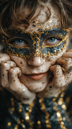 A masked reveler in gold and glitter enjoys the exciting New Year festivities creating an enchanting atmosphere.の素材