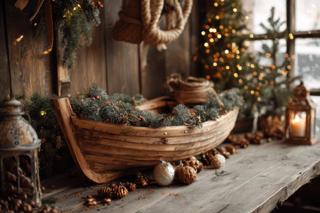 An old wooden boat filled with festive greenery sits on a rustic table decorated for New Year with warm lights and holiday ornaments.の素材