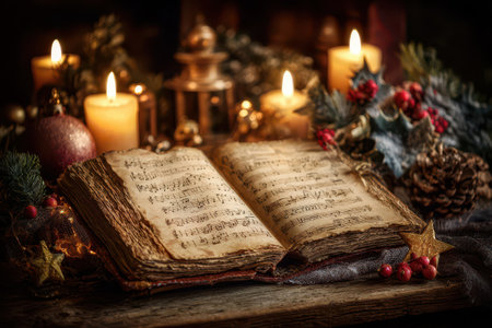 A beautifully weathered book of carols rests on a wooden table.の素材