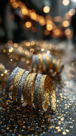 Glittering streamers in gold and silver lie scattered on a festive street surrounded by shimmering confetti celebrating the spirit of New Year.の素材
