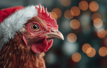 A cheerful chicken dons a festive Santa hat bringing holiday spirit as colorful lights twinkle in the background during the New Year celebration.の素材