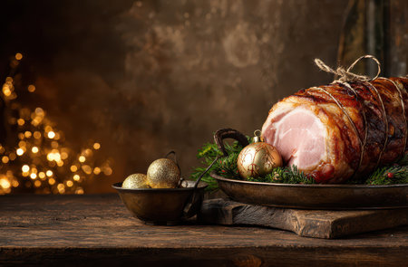 A succulent ham wrapped in crispy bacon sits on a rustic table adorned with festive decorations perfect for New Year celebrations.の素材