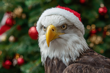 A majestic eagle dons a cheerful Santa hat while perched near a colorful Christmas tree filled with joyful decorations for New Year festivities.の素材