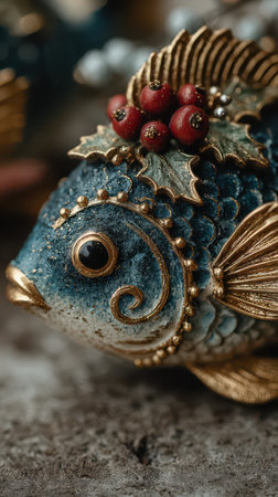 A beautifully crafted fish ornament adorned with red berries and golden details brings festive joy to New Year decorations symbolizing prosperity.の素材