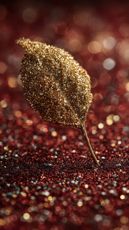 A delicate golden leaf sits gracefully atop a shimmering red surface capturing the spirit of celebration and warmth during the New Year period.の素材