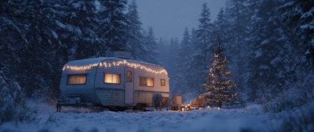 In a quiet winter scene a cozy travel trailer shines with Christmas lights amidst gently falling snow bringing warmth to the cold landscape.の素材