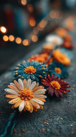 Colorful handmade flowers on stone beautifully arranged to celebrate the festive spirit of the New Year with vibrant hues.の素材