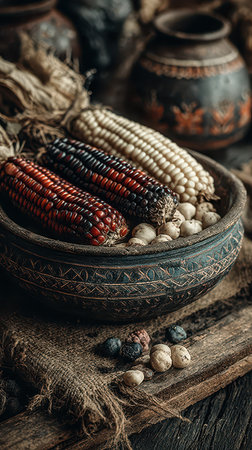 A collection of colorful corn varieties rests in a decorative bowl surrounded by natural textures capturing the essence of harvest and tradition.の素材