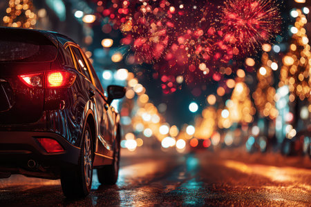 A sleek new car sits on a wet street surrounded by colorful fireworks. The winter city shines brightly with festive lights as celebrations begin.の素材