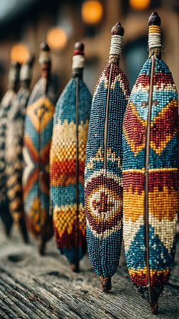 Colorful beads adorn decorative pieces showcasing intricate designs that reflect the spirit of celebration during the New Year festivities.の素材