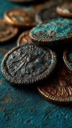 An assortment of unique ancient coins lies scattered revealing their rich textures and colors against a vibrant backdrop.の素材