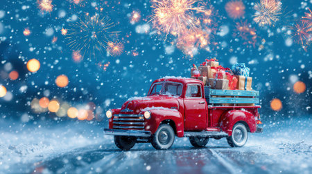 A red truck drives along a snowy road filled with colorful gifts celebrating New Year under a sky lit by fireworks.の素材
