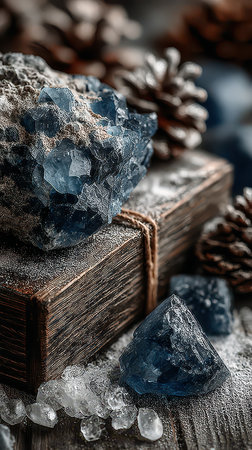 Blue crystals sparkle atop an aged wooden box surrounded by pine cones and shimmering frost capturing a serene winter atmosphere.の素材