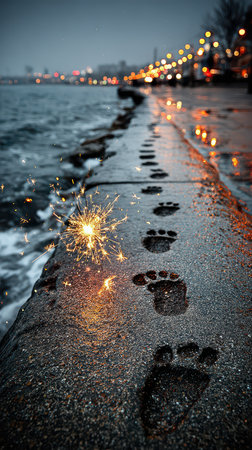 Footprints lead along the wet shore as sparks fly capturing the magic of New Years eve by the water under city lights.の素材
