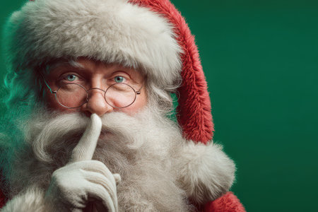 Santa Claus smiles gently while showing a silence gesture inviting joy and anticipation for the New Year. His warm presence brings festive cheer.の素材