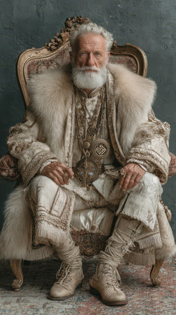 A distinguished figure sits elegantly in ornate winter attire surrounded by rich textures and warm hues embodying the New Year.の素材