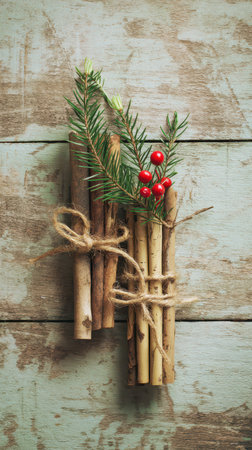 Rustic twigs tied with twine are adorned with green pine and bright red berries symbolizing the New Year spirit. Perfect for seasonal decor.の素材