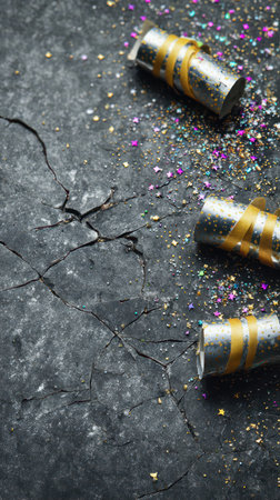 Amidst a cracked surface colorful confetti and party poppers lie scattered capturing the essence of festive joy and new year celebrations.の素材