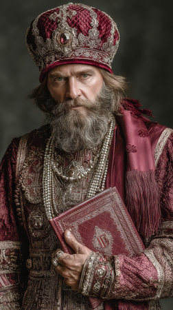 A regal character adorned in rich red and gold garments holds a meaningful book while preparing for New Year festivities.の素材