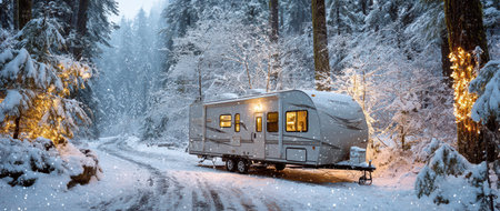 A cozy travel trailer sits peacefully in a snow covered forest. Soft lights twinkle creating a warm atmosphere for the New Year.の素材