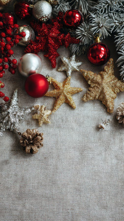 Colorful ornaments and natural details create a festive atmosphere for welcoming the New Year. The scene is lively with various textures and colors.の素材