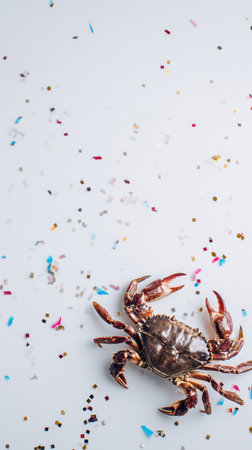 A crab sits amongst colorful confetti on a white surface creating a whimsical backdrop for New Year festivities.の素材