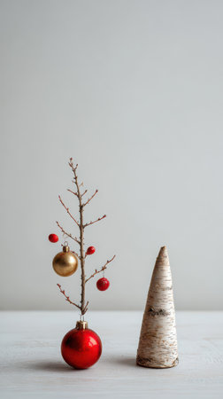 Simple yet elegant decorations featuring a bare branch adorned with red and gold orbs alongside a birch tree cone perfect for a festive space.の素材