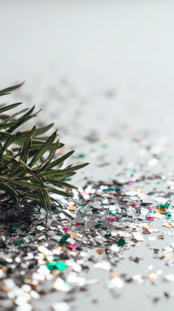 A vibrant mix of silver and colorful confetti lies scattered on a surface with a sprig of evergreen evoking festive New Year spirit.の素材