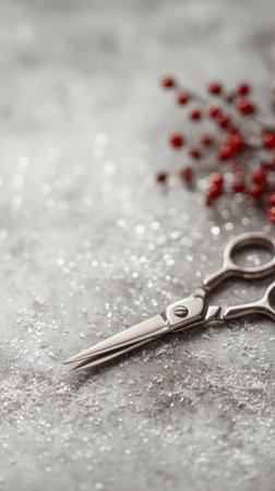 Festive scissors rest beside bright red berries on a sparkly surface hinting at creative holiday preparations for New Year celebrations.の素材