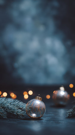 Brightly colored ornaments rest on lush pine branches twinkling lights add a festive touch creating a cozy atmosphere for New Year celebrations.の素材