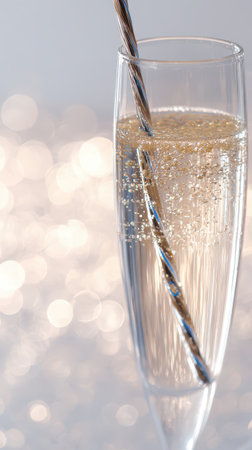 A glass filled with sparkling drink sits elegantly against a soft glowing background inviting celebration for the New Yearの素材