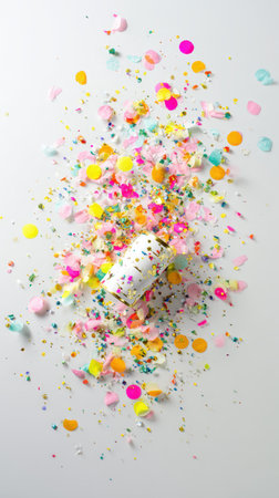 Colorful confetti and streamers spread joyfully over a white surface celebrating the spirit of New Year festivities in a vibrant display.の素材