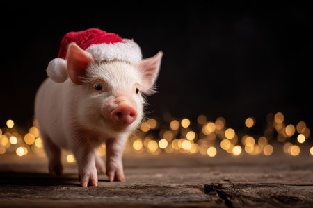 A cheerful pig adorned with a Santa hat stands on wooden ground surrounded by twinkling Christmas lights embracing the holiday spirit.の素材